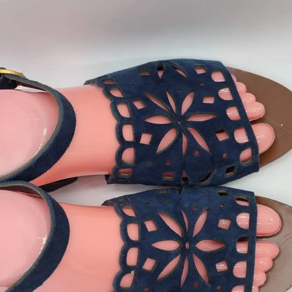 Tory Burch May Flat Lancaster Navy Ankle Strap Sandals size 7M